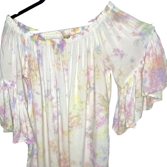 Feathers Mini Dress Off Shoulder Bell Sleeves Tie Dye Womens Size 2X White Pink - Picture 1 of 11